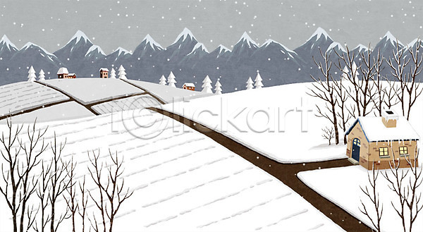 사람없음 PSD 일러스트 겨울 겨울배경 나무 눈(날씨) 밭 백그라운드 산 주택