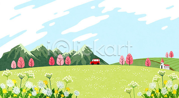 사람없음 PSD 일러스트 꽃 나무 드라이브 백그라운드 벚꽃 봄 봄배경 산 자동차 잔디