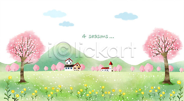 사람없음 PSD 일러스트 구름(자연) 꽃 백그라운드 벚꽃 벚나무 봄 봄배경 잔디 주택