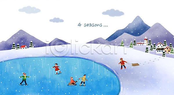 남자 성인 어린이 여러명 여자 PSD 일러스트 겨울 겨울배경 나무 눈(날씨) 백그라운드 빙판 산 스케이트 얼음썰매 주택