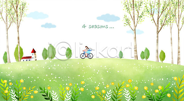 여자 한명 PSD 일러스트 꽃밭 나무 백그라운드 봄 봄배경 자전거 잔디 주택