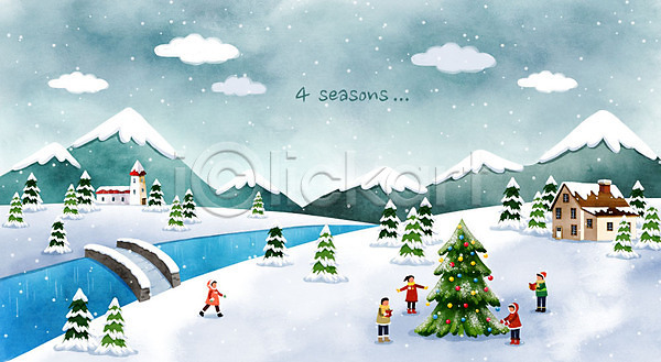 남자 어린이 여러명 여자 PSD 일러스트 겨울 겨울배경 나무 눈(날씨) 돌다리 백그라운드 산 주택 크리스마스 크리스마스트리