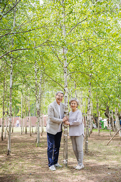 60대 70대 남자 노년 노인만 두명 사람 여자 한국인 JPG 앞모습 포토 나무 나무기둥 남이섬 노부부 미소(표정) 서기 숲 숲길 실버라이프 야외 잡기 전신 주간