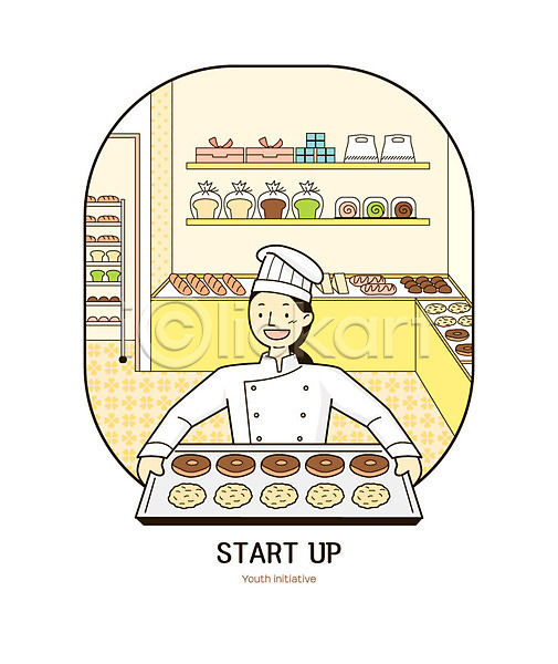 사람 성인 여자 한명 AI(파일형식) 일러스트 도넛 롤케이크 반죽 빵집 상반신 상자 식빵 요리사모자 쟁반 제과제빵 제빵 제빵사 조리복 창업