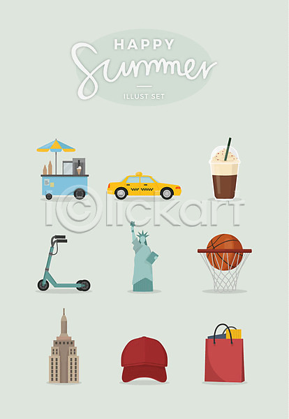 사람없음 AI(파일형식) 일러스트 길거리음식 농구공 농구대 뉴욕 세트 쇼핑백 아이스커피 야구모자 엠파이어스테이트빌딩 여름(계절) 여행 자유의여신상 퀵보드 택시