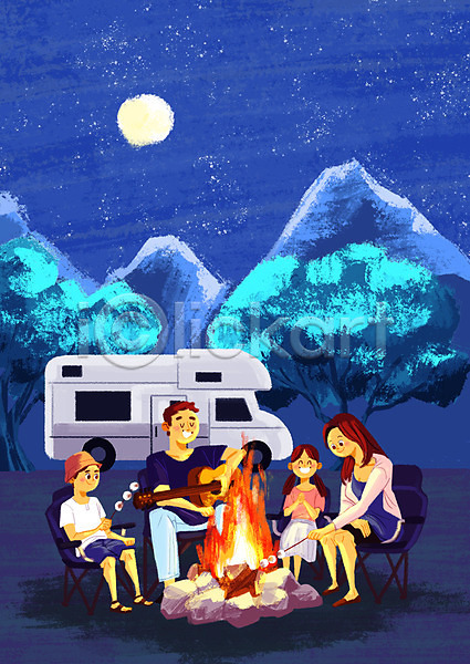 즐거움 남자 사람 성인 어린이 여러명 여자 PSD 일러스트 가족 기타 달 마시멜로우 모닥불 바캉스 숲 앉기 야간 야외의자 여름휴가 자연 전신 캠핑카