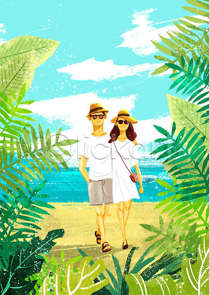 행복 남자 두명 사람 성인 여자 PSD 일러스트 가족 나뭇잎 미소(표정) 바다 바캉스 선글라스 어깨에손 여름휴가 열대잎 전신 챙모자 커플