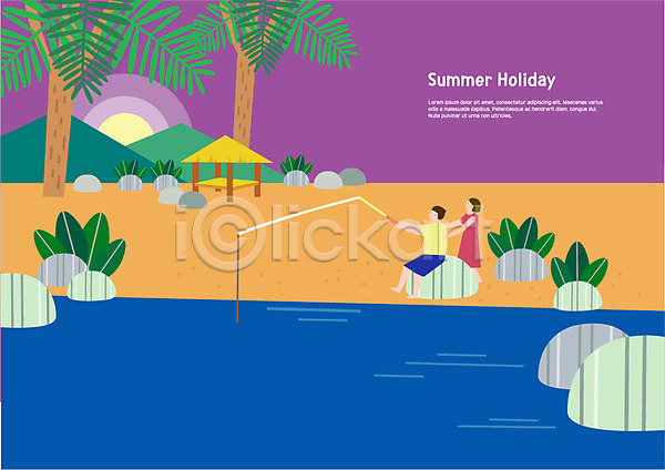 남자 두명 사람 성인 여자 AI(파일형식) 일러스트 나무 낚시 낚싯대 물 바다 바위 바캉스 방갈로 산 앉기 여름(계절) 여름휴가 전신 커플 태양