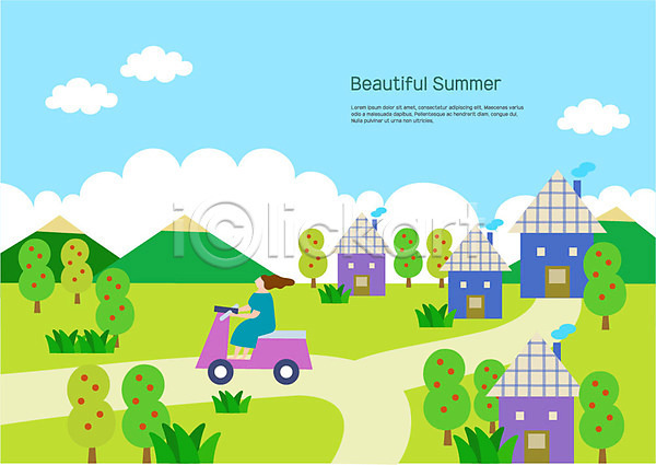 사람 성인 여자 한명 AI(파일형식) 일러스트 과일나무 구름(자연) 시골길 여름(계절) 오솔길 오토바이 운전 전신 주택 초원(자연) 풀잎 하늘