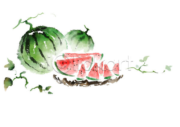 사람없음 PSD 일러스트 가지 과일 과채 덩굴 바구니 반쪽수박 번짐 붓터치 수박 슬라이스 여름(계절) 여름음식 열매 잎 제철과일 제철음식 캘리그라피