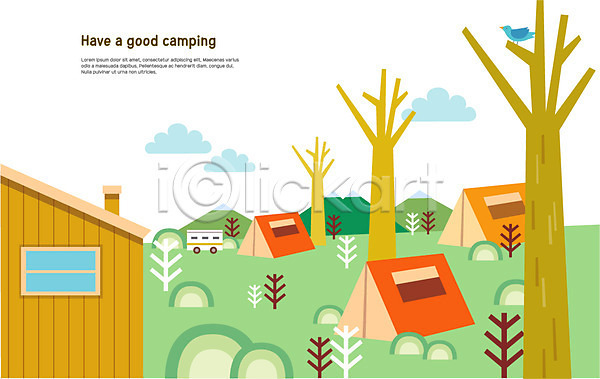 사람없음 AI(파일형식) 일러스트 나무 조류 초원(자연) 캠핑 캠핑장 캠핑트레일러 텐트 펜션 한마리