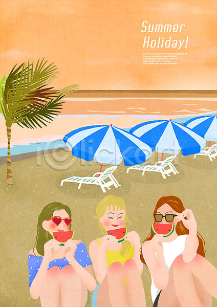즐거움 사람 성인 세명 여자 PSD 일러스트 맛있는 먹기 미소(표정) 바다 바캉스 선글라스 선베드 수박 앉기 야자수 여름(계절) 여름음식 여름휴가 일몰 제철과일 제철음식 파라솔 해변