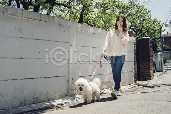산책 20대 사람 성인 성인여자한명만 여자 한국인 한명 JPG 앞모습 포토 강아지 먹기 목줄 미소(표정) 반려 반려동물 비숑프리제 아이스크림 야외 잡기 전신 주간 펫팸족 한마리