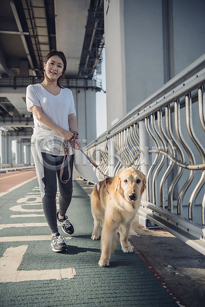 20대 사람 성인 성인여자한명만 여자 한국인 한명 JPG 앞모습 포토 강아지 걷기 골든리트리버 난간 다리 목줄 미소(표정) 반려 반려동물 야외 운동 전신 주간 차도 펫팸족 한마리