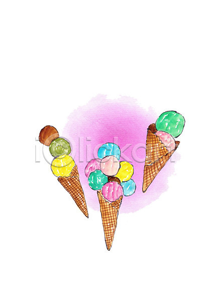 사람없음 PSD 일러스트 다양 수채화(물감) 여름(계절) 컬러풀 콘아이스크림