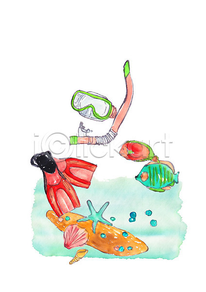 사람없음 PSD 일러스트 두마리 바닷속 불가사리 소라 수채화(물감) 스킨스쿠버용품 어류 여름(계절) 오리발 조개