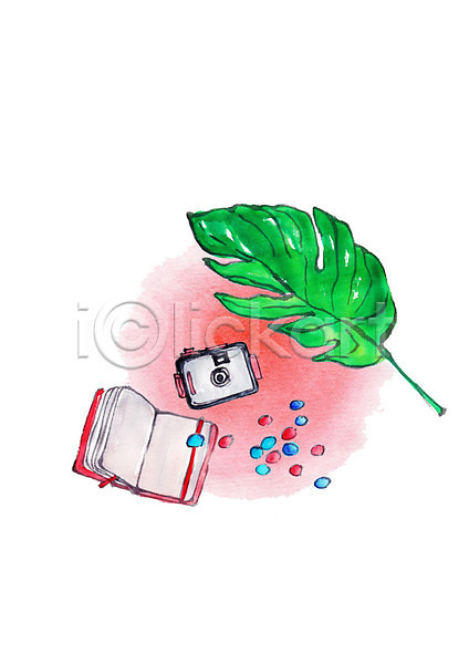 사람없음 PSD 일러스트 다이어리 수채화(물감) 여름(계절) 열대잎 초콜릿 카메라