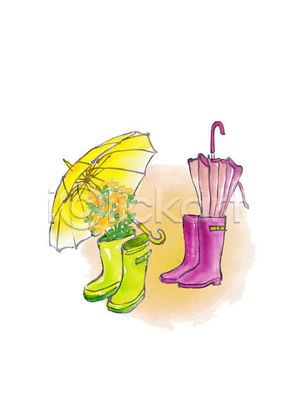 사람없음 PSD 일러스트 꽃다발 노란색 두켤레 분홍색 수채화(물감) 여름(계절) 우산 장화