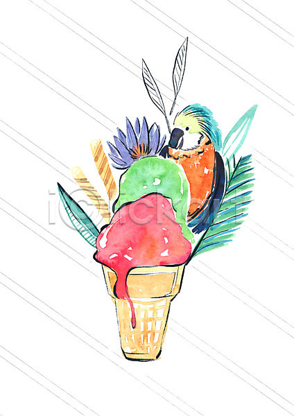 사람없음 PSD 일러스트 깃털 꽃 나뭇잎 녹음(녹이기) 수채화(물감) 아이스크림 앵무새 여름(계절) 장식 콘아이스크림