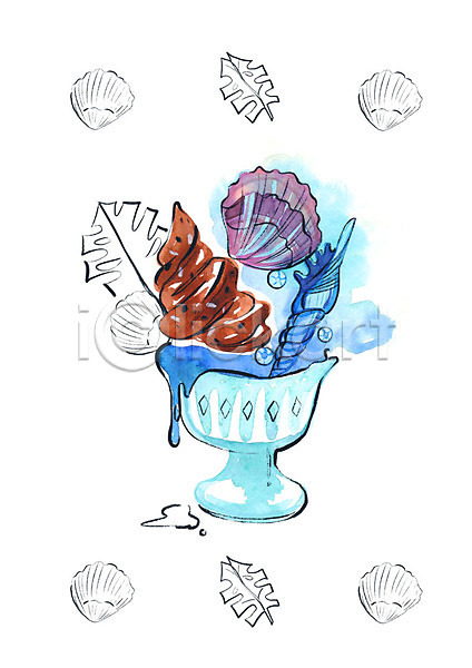 사람없음 PSD 일러스트 나뭇잎 녹음(녹이기) 소라 수채화(물감) 아이스크림 여름(계절) 장식 조개 컵아이스크림
