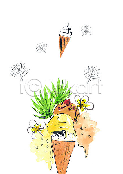 사람없음 PSD 일러스트 꽃 나뭇잎 녹음(녹이기) 달 별 수채화(물감) 아이스크림 여름(계절) 장식 체리