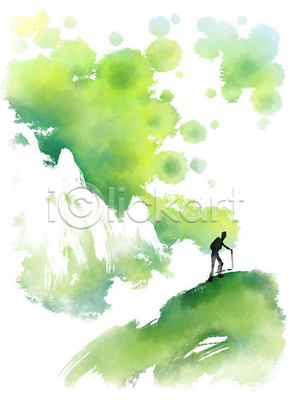 남자 사람 성인 한명 PSD 일러스트 걷기 등산 번짐 붓터치 산 수채화(물감) 언덕 오르기 전신 지팡이 초록색 캘리그라피 풍경(경치)