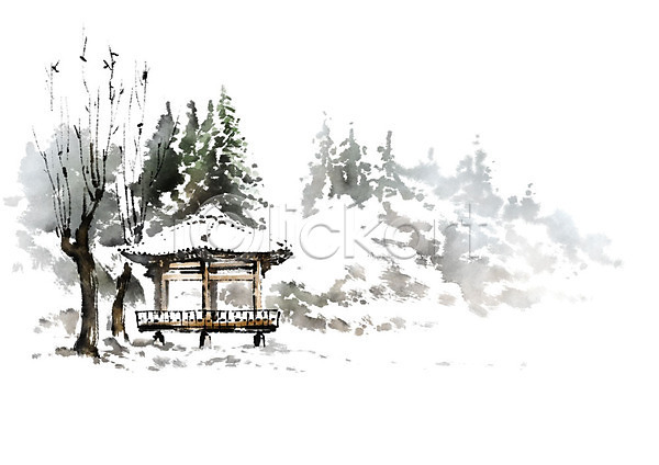 사람없음 PSD 일러스트 고건축 나무 눈덮임 번짐 붓터치 숲 정자(건축물) 캘리그라피 한국문화 한국전통