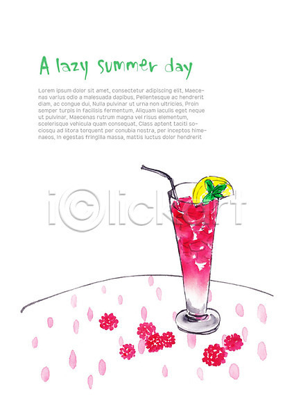 시원함 사람없음 PSD 일러스트 레몬 빨간색 빨대 식탁보 여름(계절) 음료 잔 풀잎