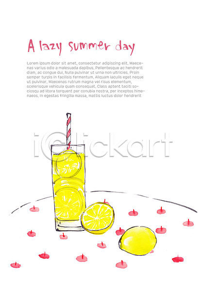시원함 사람없음 PSD 일러스트 레몬 레몬주스 빨대 슬라이스 식탁보 여름(계절) 음료 잔