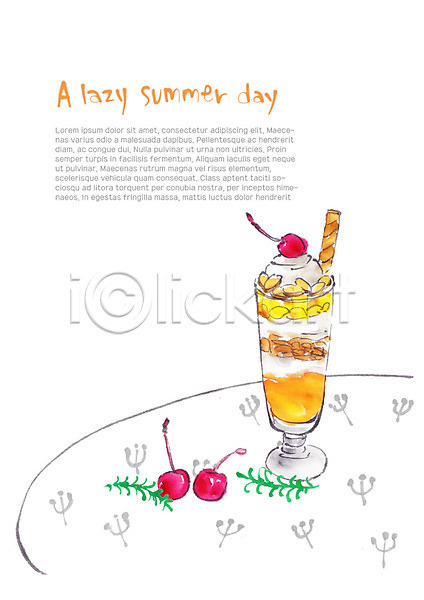 시원함 사람없음 PSD 일러스트 과자 시리얼 식탁보 여름(계절) 음료 체리 파르페 풀잎