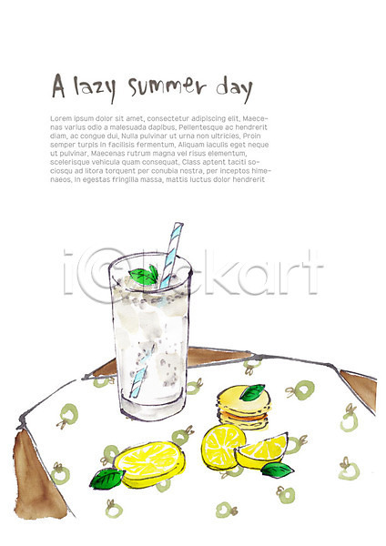 시원함 사람없음 PSD 일러스트 레몬 마카롱 빨대 슬라이스 식탁보 여름(계절) 음료 잔 풀잎
