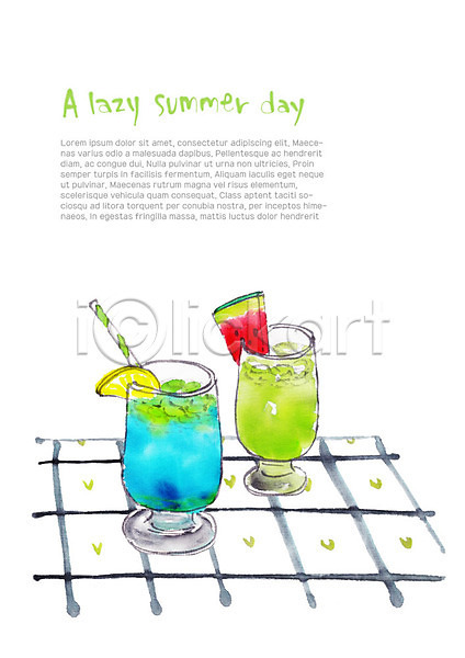 시원함 사람없음 PSD 일러스트 두잔 레몬 레몬장식 빨대 수박조각 식탁보 여름(계절) 음료