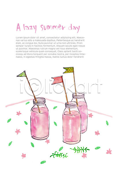 시원함 사람없음 PSD 일러스트 깃발 꽃무늬 분홍색 세잔 식탁보 여름(계절) 유리병 음료 풀잎