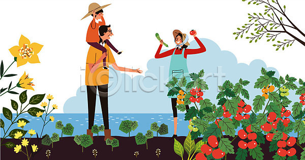 남자 사람 성인 세명 어린이 여자 AI(파일형식) 일러스트 가족 구름(자연) 귀농 나무 농사 농장 들기 목말 미소(표정) 밀짚모자 수확 시골 앞치마 오이 전신 전원생활 토마토