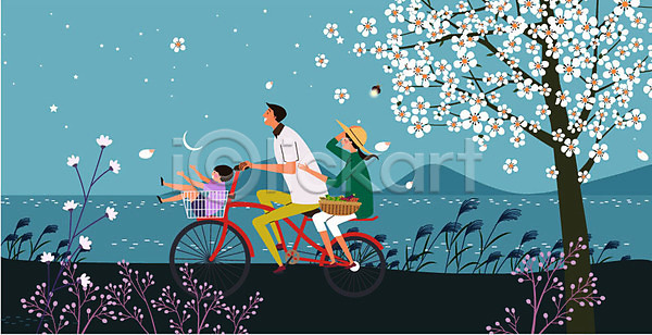 남자 사람 성인 세명 어린이 여자 AI(파일형식) 일러스트 가족 갈대(식물) 귀농 꽃나무 달 들꽃 바구니 별 승차 시골 야간 자전거 전신 전원생활 채소 흩날리기
