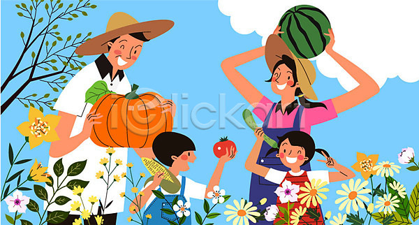 즐거움 행복 남자 사람 성인 어린이 여러명 여자 AI(파일형식) 일러스트 가족 구름(자연) 귀농 나무 늙은호박 들기 들꽃 미소(표정) 상반신 수박 수확 시골 오이 옥수수 전원생활 토마토