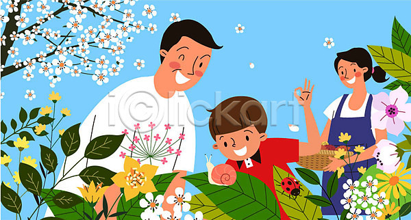 즐거움 남자 사람 성인 세명 어린이 여자 AI(파일형식) 일러스트 OK 가족 고구마 귀농 꽃 꽃나무 다양 달팽이(동물) 디저트 미소(표정) 바구니 상반신 시골 자연 전원생활 종류