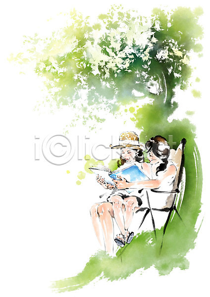 두명 사람 성인 어린이 여자 PSD 일러스트 나무 독서 무릎 번짐 붓터치 앉기 야외의자 위 전신 책 챙모자 캘리그라피