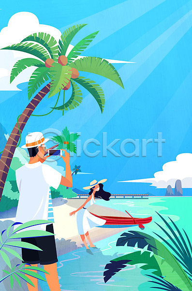 남자 두명 사람 성인 여자 AI(파일형식) 일러스트 구름(자연) 바다 바캉스 보트 사진촬영 스마트폰 야자수 여름(계절) 여름휴가 여행 열대잎 응시 전신 챙모자 커플 하늘 해변