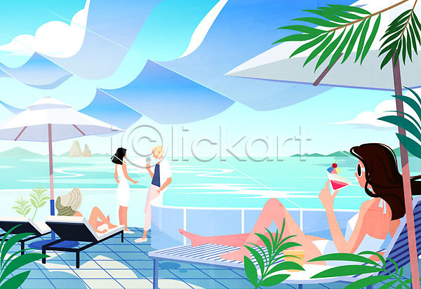 남자 사람 성인 여러명 여자 AI(파일형식) 일러스트 나뭇잎 마시기 바다 선글라스 선베드 앉기 야외테라스 여름(계절) 전신 천막 칵테일 커플 파라솔 휴양지