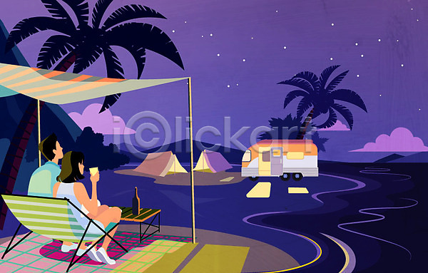 남자 두명 사람 성인 여자 AI(파일형식) 일러스트 돗자리 바다 별 앉기 야경 야외의자 야외테이블 야자수 얼굴없음 여름(계절) 전시 전신 캠핑카 커플 텐트 해변