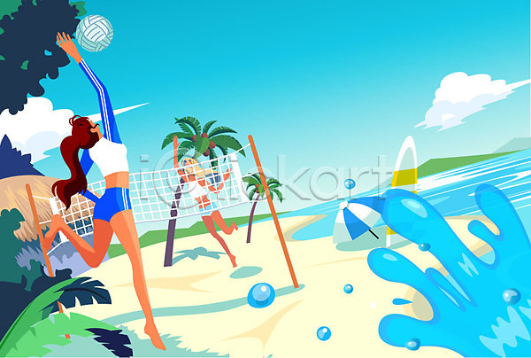 두명 사람 성인 여자 AI(파일형식) 일러스트 나무 네트 래쉬가드 바다 배구공 비치발리볼 비치볼 서핑보드 야자수 여름(계절) 전신 파도 해변