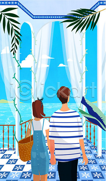 남자 두명 사람 성인 여자 AI(파일형식) 뒷모습 일러스트 관광지 나뭇가지 바다 비치백 상반신 서기 손잡기 야외테라스 여름(계절) 열대잎 응시 커플 호텔 휴양지