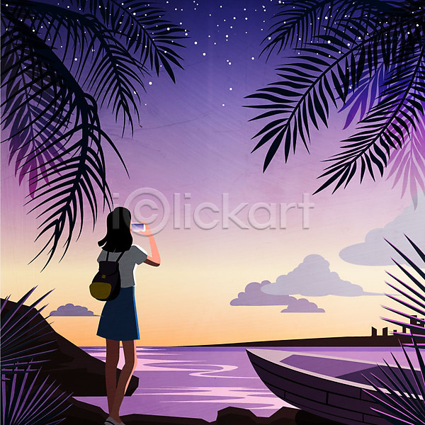 사람 성인 여자 한명 AI(파일형식) 일러스트 나무 나뭇가지 바다 별 보트 사진촬영 서기 스마트폰 암벽 야간 야경 여름(계절) 전신 해변