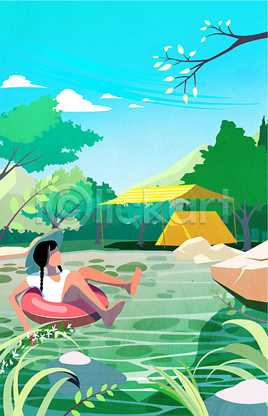 사람 성인 여자 한명 AI(파일형식) 일러스트 강 계곡 나무 들꽃 들풀 물놀이 산 숲속 야외 여름(계절) 자연 전신 캠핑 텐트 튜브