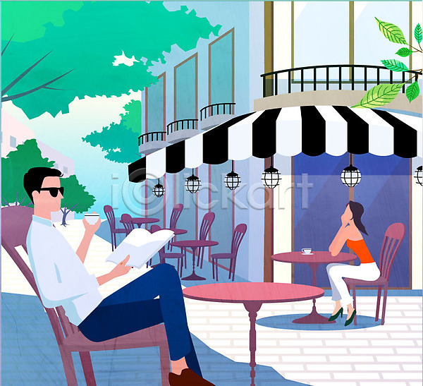 휴식 남자 두명 사람 성인 여자 AI(파일형식) 일러스트 거리 나무 노천카페 독서 앉기 야외테이블 얼굴없음 여름(계절) 전신 창문 카페 커피