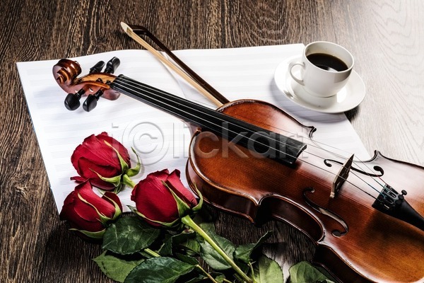 우아함 사람없음 JPG 포토 해외이미지 나무바닥 바이올린 바이올린활 악보 장미 차받침대 커피 커피잔 해외202004