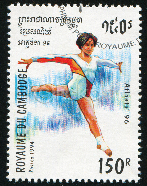 성인 성인여자한명만 여자 한명 JPG 포토 해외이미지 기념물 올림픽 우표 전신 점프 체조 체조선수 파란색 해외202004