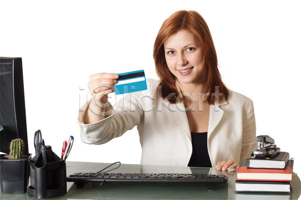 성공 백인 여자 한명 JPG 포토 해외이미지 고립 돈 미소(표정) 보여주기 비즈니스 비즈니스우먼 신용카드 잡기 저축 직업 컨셉 해외202004