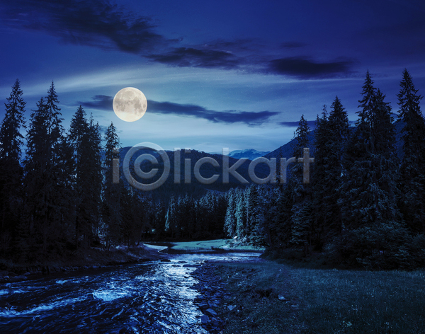 사람없음 JPG 포토 해외이미지 강 구름(자연) 나무 달 보름달 야간 야외 파란색 풍경(경치) 하늘 해외202004